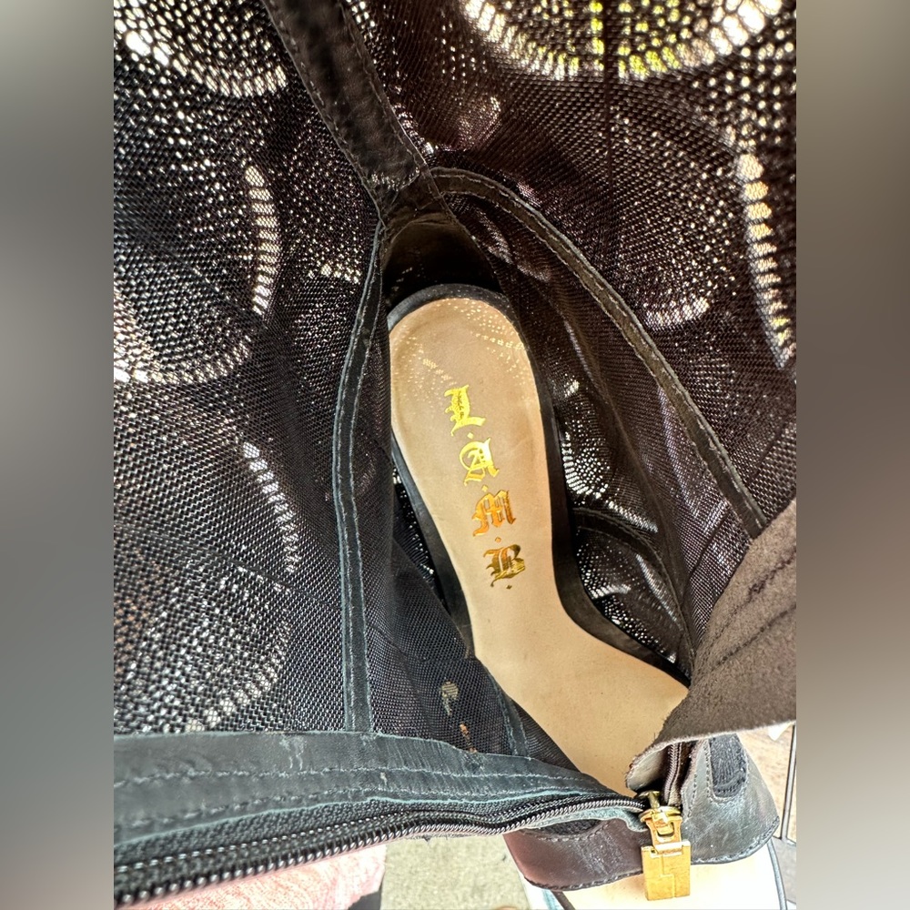 LAMB Black Gold Leather Trim Open Toe Zip Platform High Heel Booties Size 7 - Picture 7 of 8